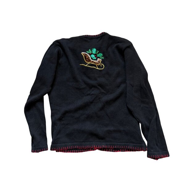 Vintage B.P. Design Christmas Sweater Cardigan Large Black With Embroidered Sled - Picture 9 of 9